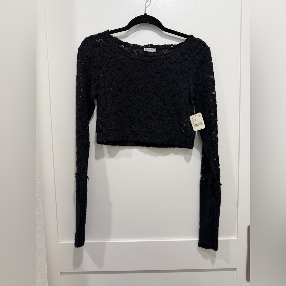 Free People Lace Crop Long Sleeve Black S NWT